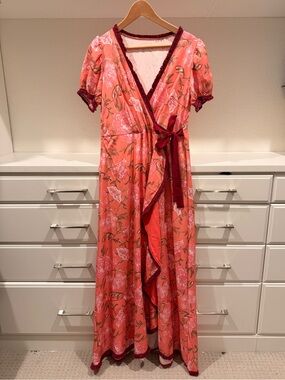 Floral Coral Maxi Dress with Contrast Trim